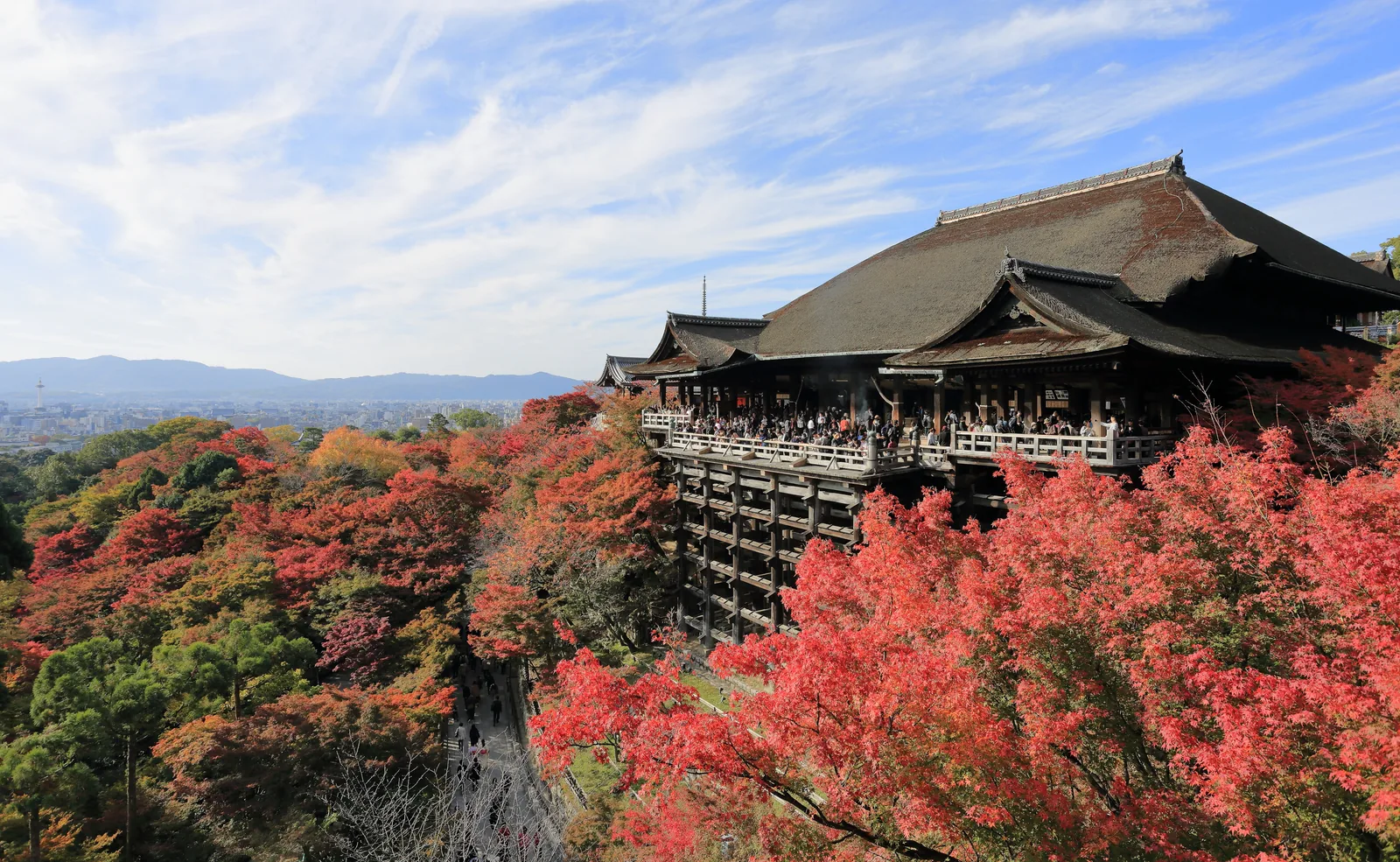 Die hölzerne Terrasse des Kiyomizu-dera über dem Hang in Kyoto